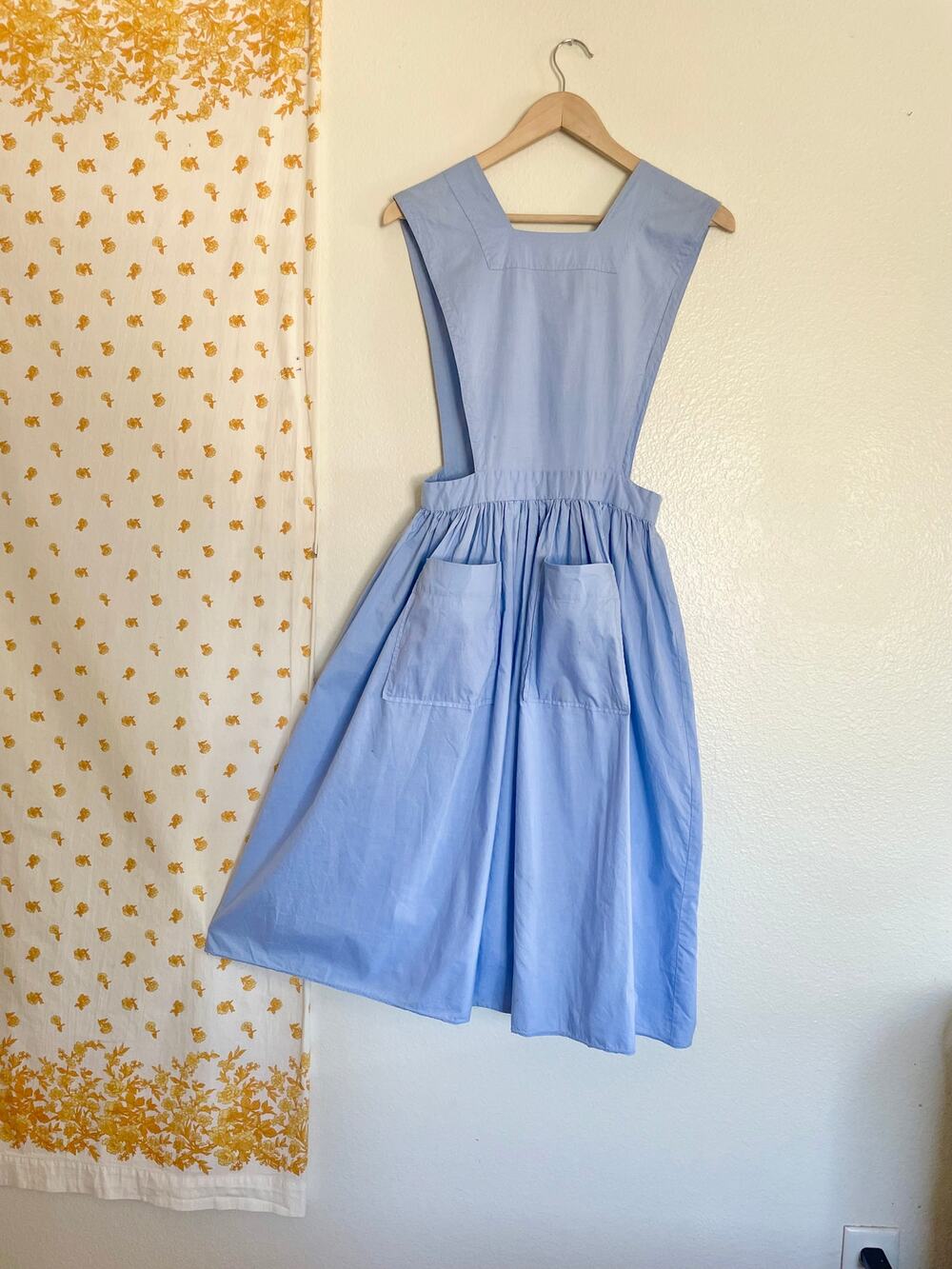 Vintage 1950s 60s Sky Blue Pinafore Apron Dress Handmade Cottagecore